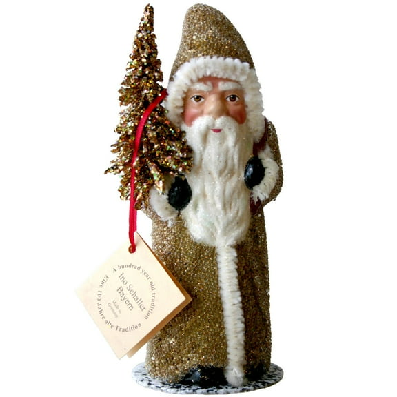 Alexander Taron 6" Vibrant Unique Santa with Gold Coat and Tree Schaller Paper Mache Candy Container