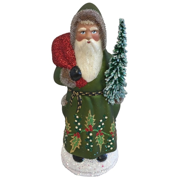 Alexander Taron 8" Vibrant Unique Santa Green Coat with Tree Schaller Paper Mache Candy Container