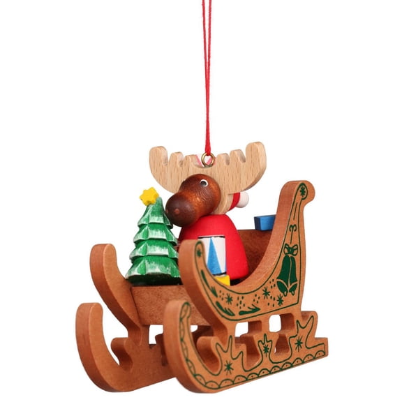 Alexander Taron 3" Brown, Red, and Green Moose in a Sled Collectible Christian Ulbricht Ornament