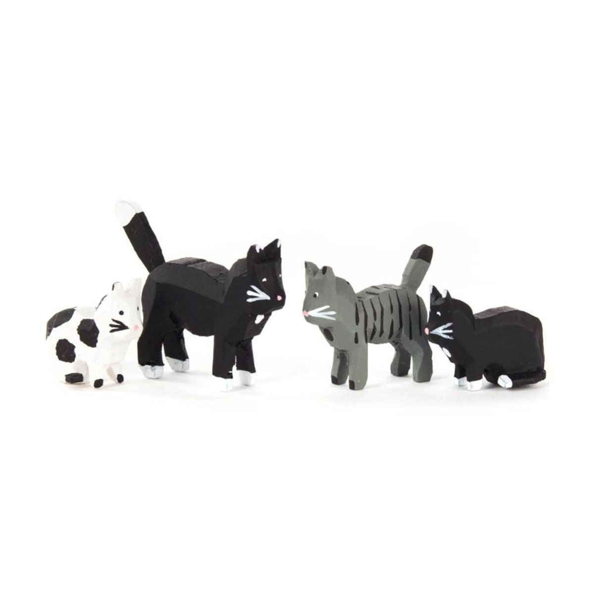 Handcrafted Wooden Cat Figurines Set in Black, Gray, and White