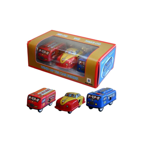 Alexander Taron Mini Vehicles Collectible Wind-up Tin Toys - 5.75" - Set of 3 - Red and Blue