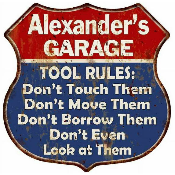 Alexander's Garage Man Cave Rules Sign Shield Metal Gift 211110001489