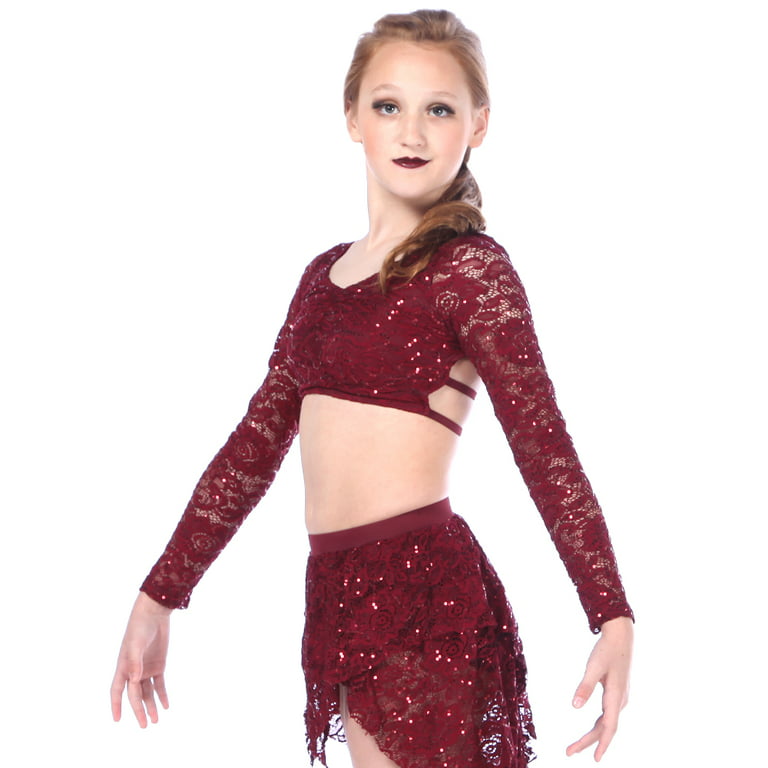 Alexandra Collection Juliette Youth Sequin Long Sleeve Dance Performance  Strappy Bra Top Burgundy 8