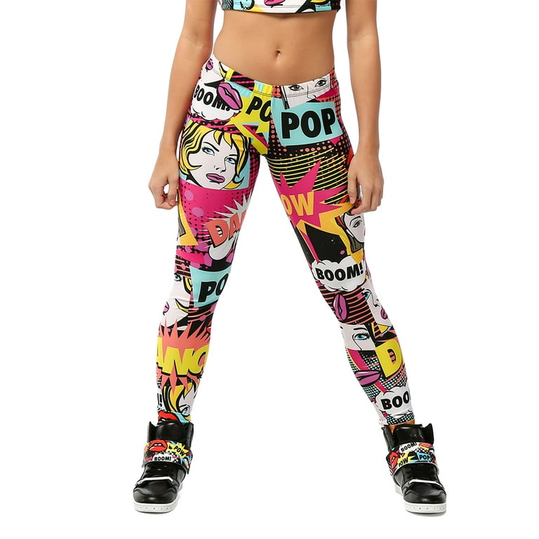 Alexandra Collection Womens Pow! Pop Art Printed Athletic Workout Leggings  Pink Large