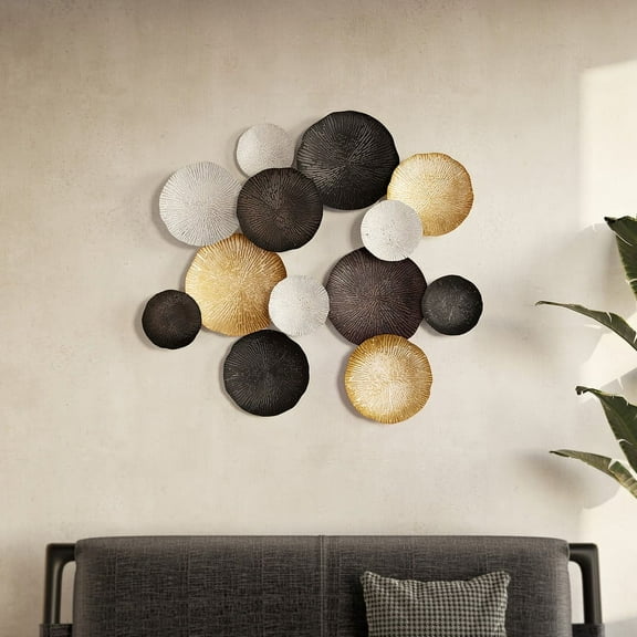 Alexandra Round Black & Gold Abstract Metal Glam Wall Plates