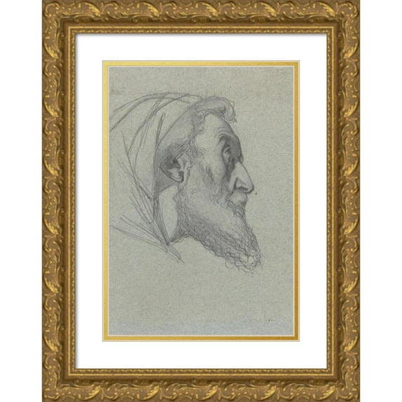 Alexandre Bida 11x14 Gold Ornate Wood Frame and Double Matted Museum Art Print Titled - Bearded Man in Profile (Recto) - Woman Looking Up (Verso)