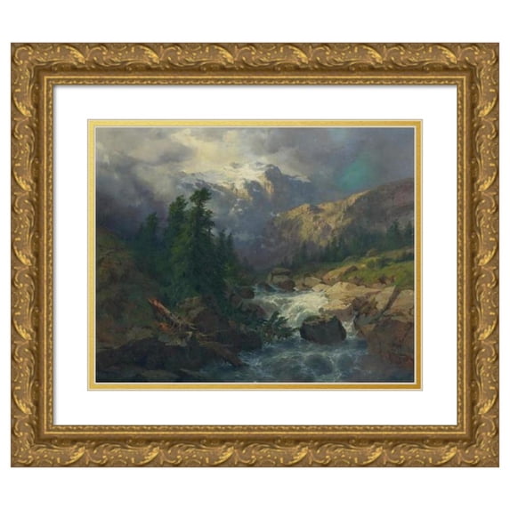 Alexandre Calame 14x12 Gold Ornate Wood Frame and Double Matted Museum Art Print Titled - Souvenir Handeck, Stormy Weather (1858)