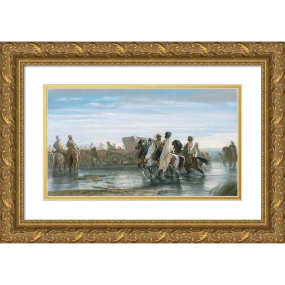 Alexandre-Gabriel Decamps 14x10 Gold Ornate Wood Frame and Double Matted Museum Art Print Titled - Fording a River (1845)