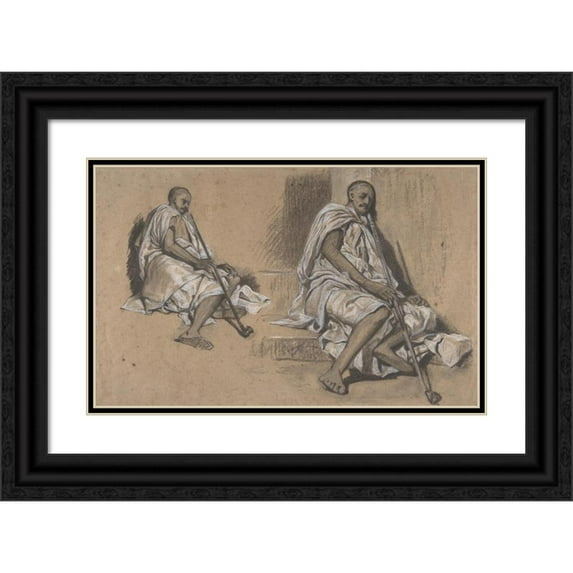 Alexandre-Gabriel Decamps 14x11 Black Ornate Wood Framed Double Matted Museum Art Print Titled: Two Studies of a Seated Arab with a Pipe (1820-60)