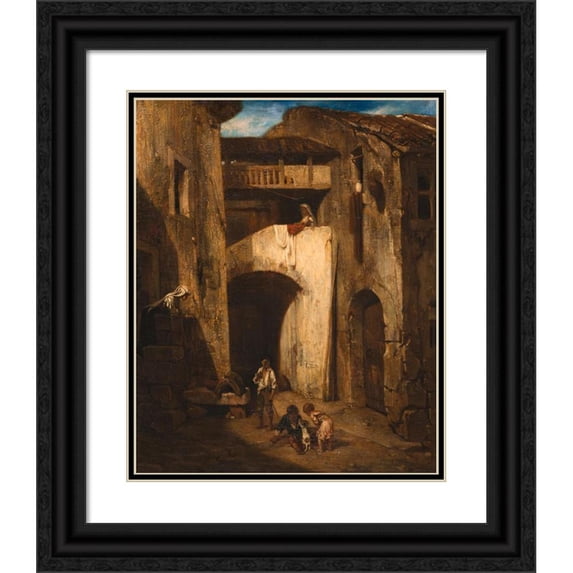 Alexandre-Gabriel Decamps 15x18 Black Ornate Wood Framed Double Matted Museum Art Print Titled - Italian Courtyard (1842)