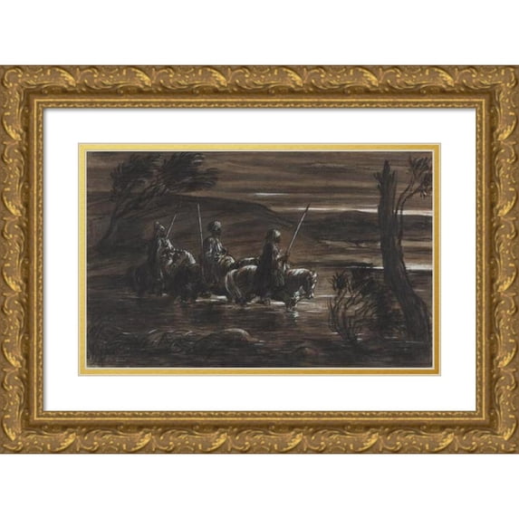 Alexandre-Gabriel Decamps 18x13 Gold Ornate Wood Frame and Double Matted Museum Art Print Titled - Three Arab Horsemen Crossing a River (C. 1835)
