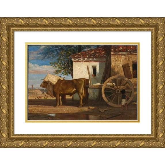 Alexandre-Gabriel Decamps 24x18 Gold Ornate Framed and Double Matted Museum Art Print Titled - Oxen Before a Farmhouse at Le Verrier (C. 1853)