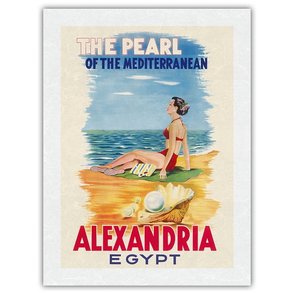 Alexandria Egypt - The Pearl of the Mediterranean - Vintage Travel Poster by Rachad Manessa c.1960s - Japanese Unryu Rice Paper Art Print (Unframed) 18 x 24 in