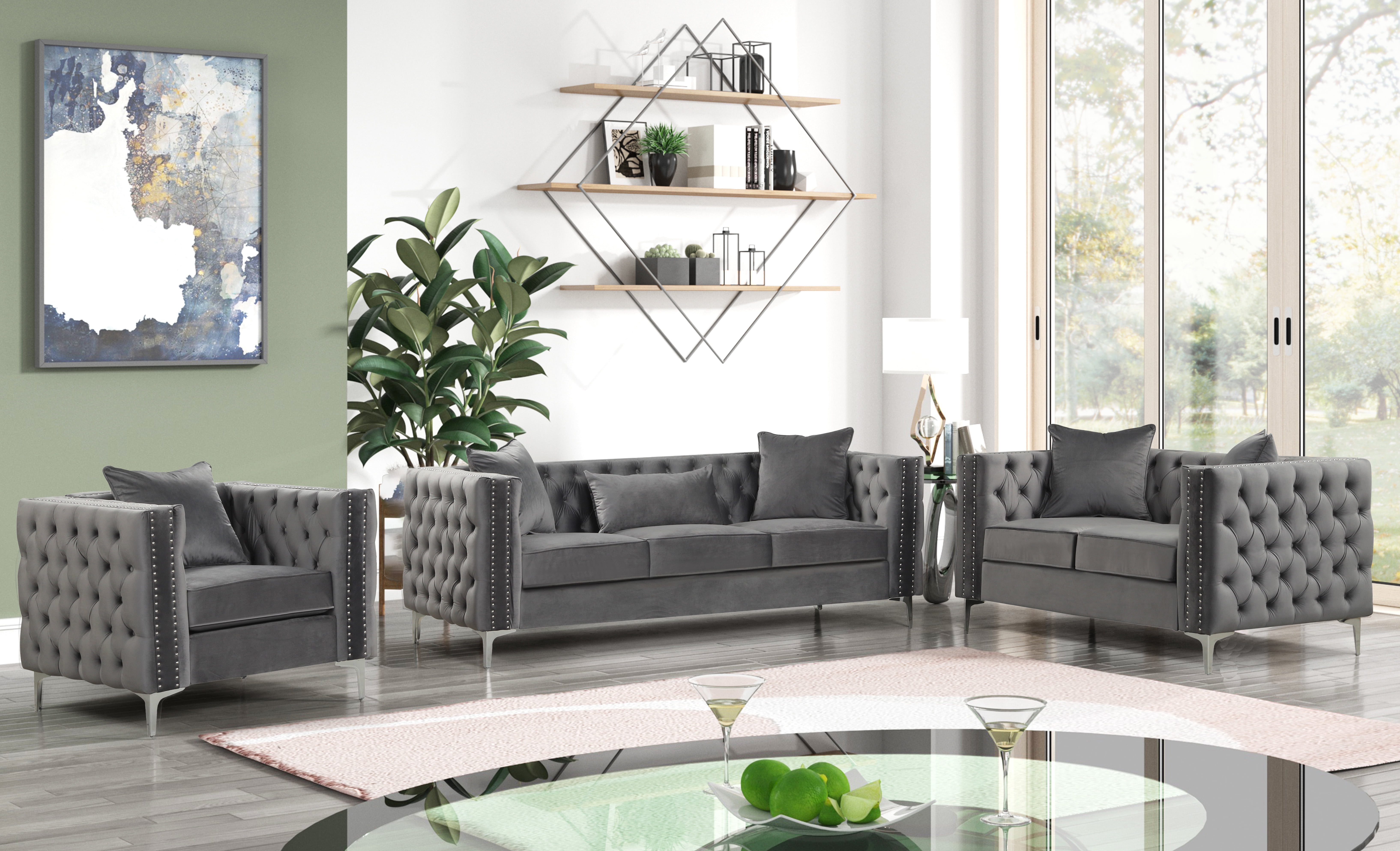 Alexandria Gray Velvet fabric 3 Pieces Living room Set 1 Sofa, 1