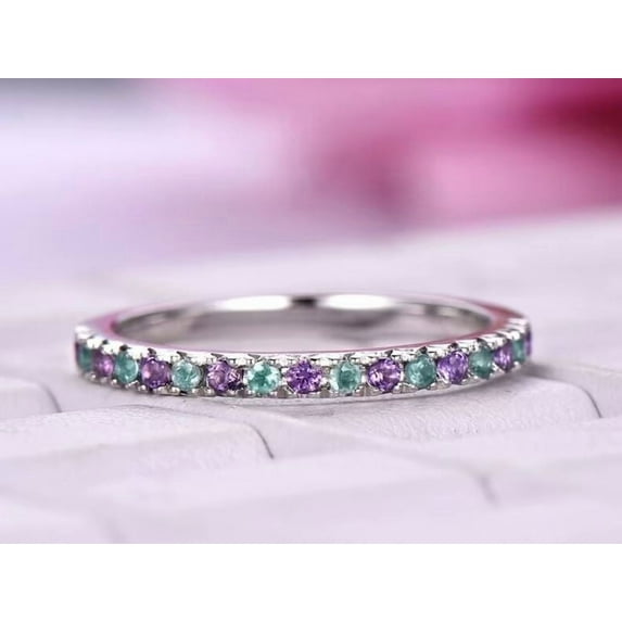 Alexandrite Amethyst Wedding Band Half Eternity Wedding Art Deco Matching Ring 925 Sterling Silver Gemstone Jewelry For Women Gift