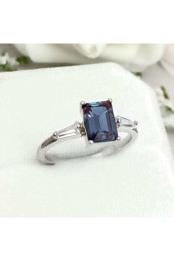 Alexandrite Emerald cut gemstone engagement ring 925 sterling silver ring