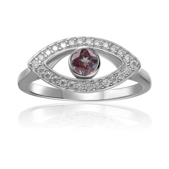 Fine Color Jewels Created Alexandrite Ring for Women Rhodium Plated 925 Sterling Silver 1.3 Ct, Moissanite Accent, June Birthstone