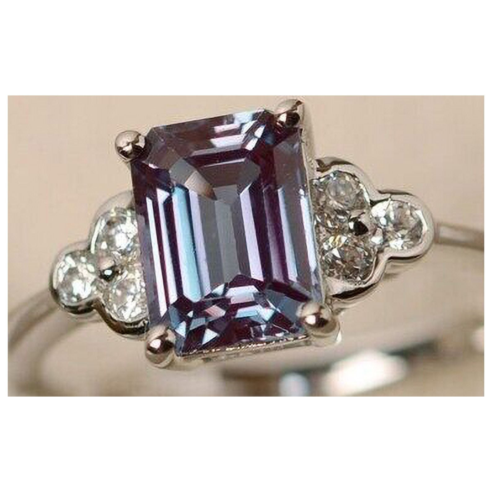 Alexandrite Gemstone engagement Emerald cut silver ring June birthstone ring