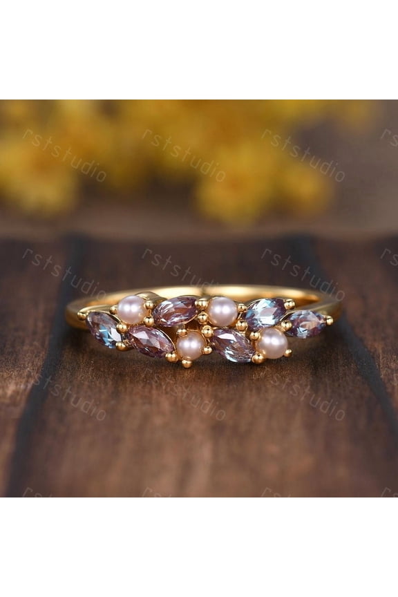 Alexandrite Pearl Wedding Band Cluster Ring,June Birthstone,Stacking Band Gift for Women 14k Gold