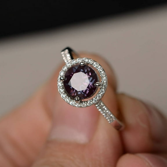 Alexandrite Ring Halo Ring Round Cut Engagement Ring Silver Color Changing June Birthstone Rings