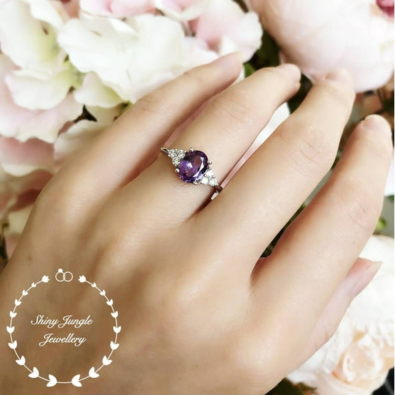 Alexandrite Ring, Oval Three Stone Style Alexandrite Engagement Ring, June Birthstone