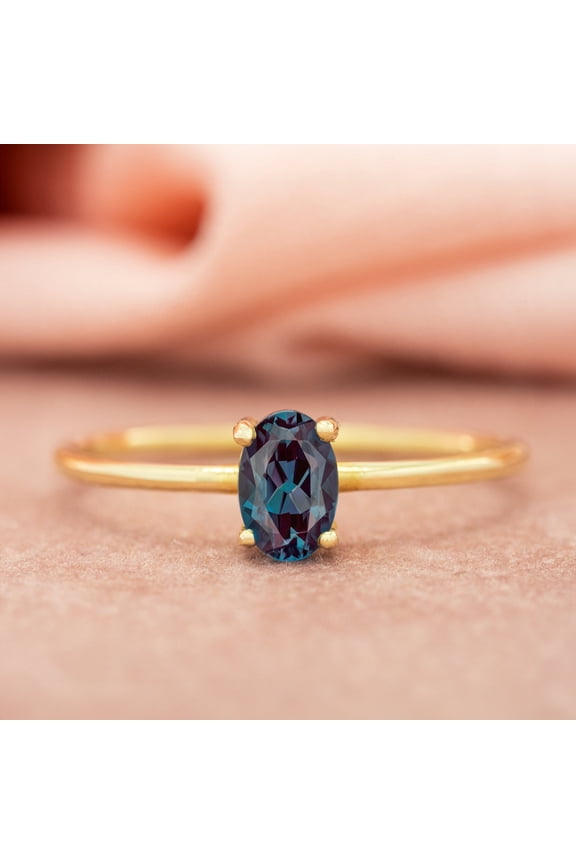 Alexandrite Ring Real Solid Gold Plated Solitaire Alexandrite Ring Oval Alexandrite Stone Ring June Birthstone Ring | Alexandrite Jewelry