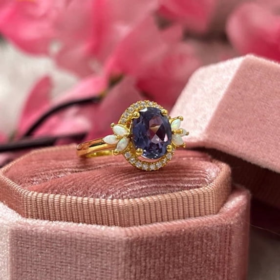 Alexandrite and Fire Opal Wedding Ring in 14K Yellow Gold Vermeil- Promise Ring For Her- June Birthstone- Handcrafted Jewelry