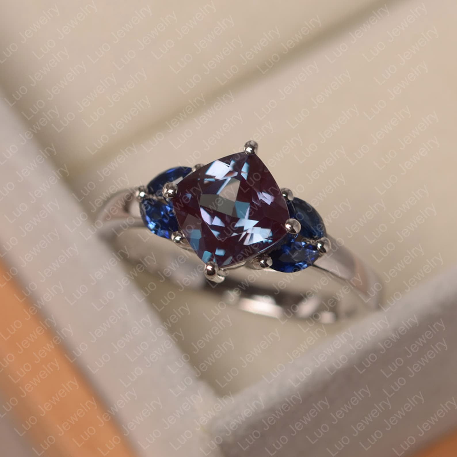 Alexandrite and sapphire ring, cushion cut birthstone ring, sterling ...