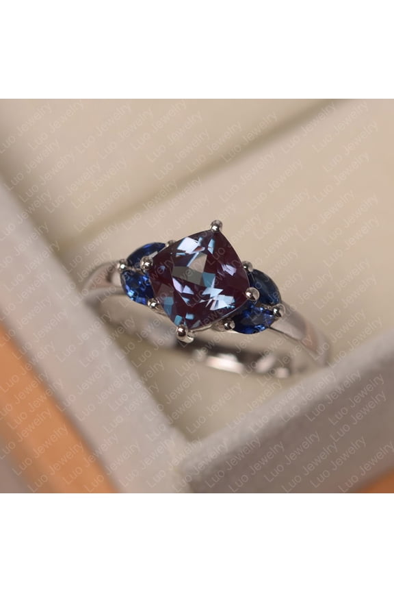 Alexandrite and sapphire ring, cushion cut birthstone ring, sterling silver wedding ring