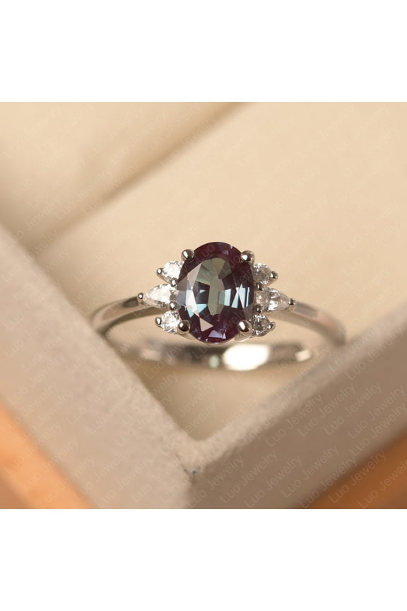 Alexandrite anniversary ring, oval cut, solid sterling silver, multi-stone ring, June birthstone