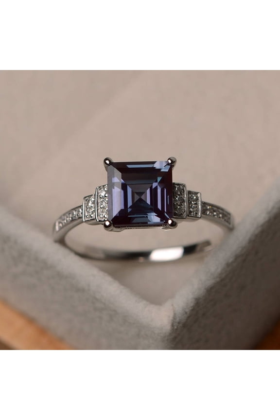 Alexandrite engagement ring, square cut, sterling silver,unique wedding ring