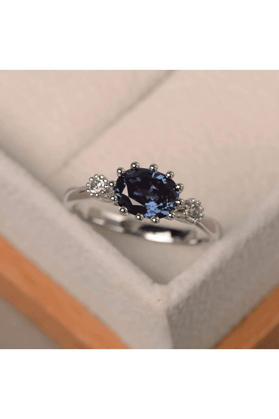 Alexandrite engagement ring, sterling silver, oval cut gemstone