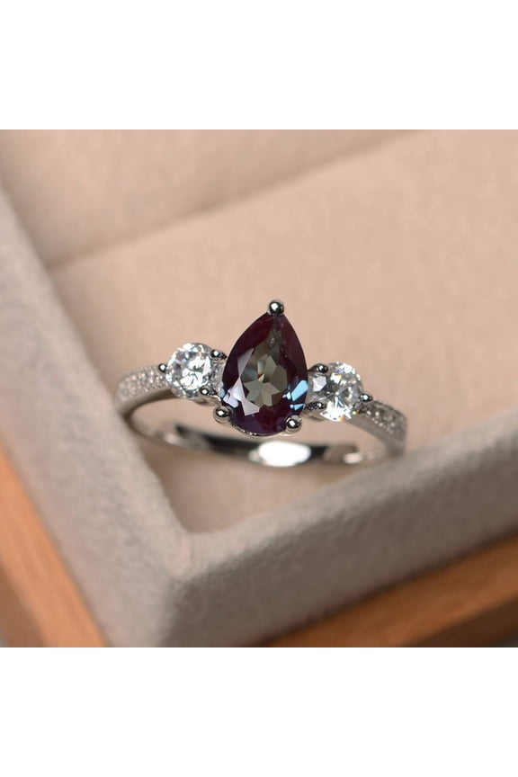 Alexandrite promise ring,pear cut, color change gemstone, solid sterling silver, three stone ring