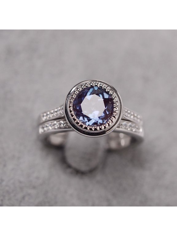 Alexandrite ring 925 silver round cut ring bezel setting engagement ring set for women