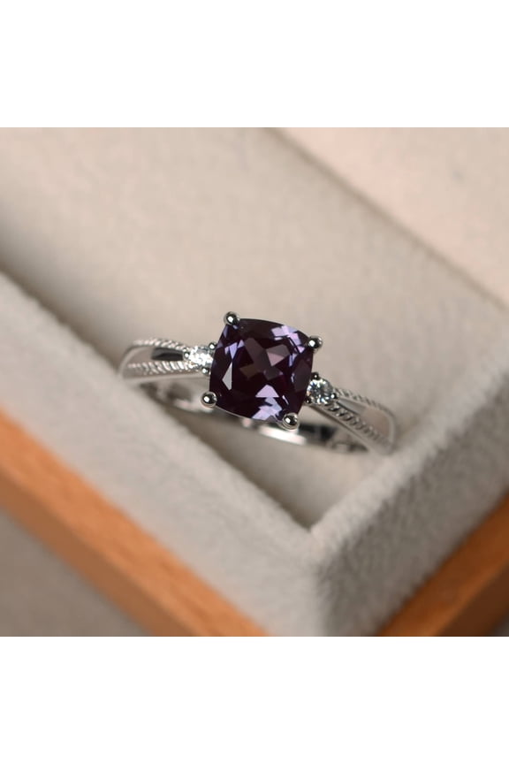 Alexandrite ring, promise ring, cushion cut gemstone, June birthstone, silver ring, vintage rings