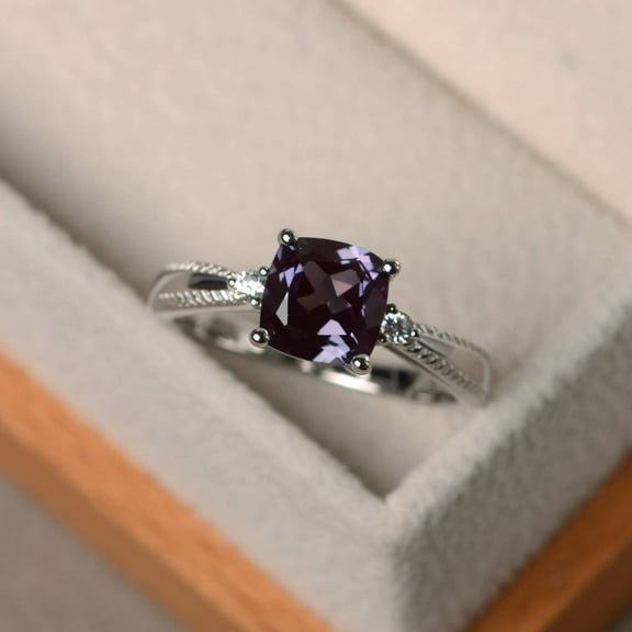 Alexandrite ring, promise ring, cushion cut gemstone, June birthstone, silver ring, vintage rings