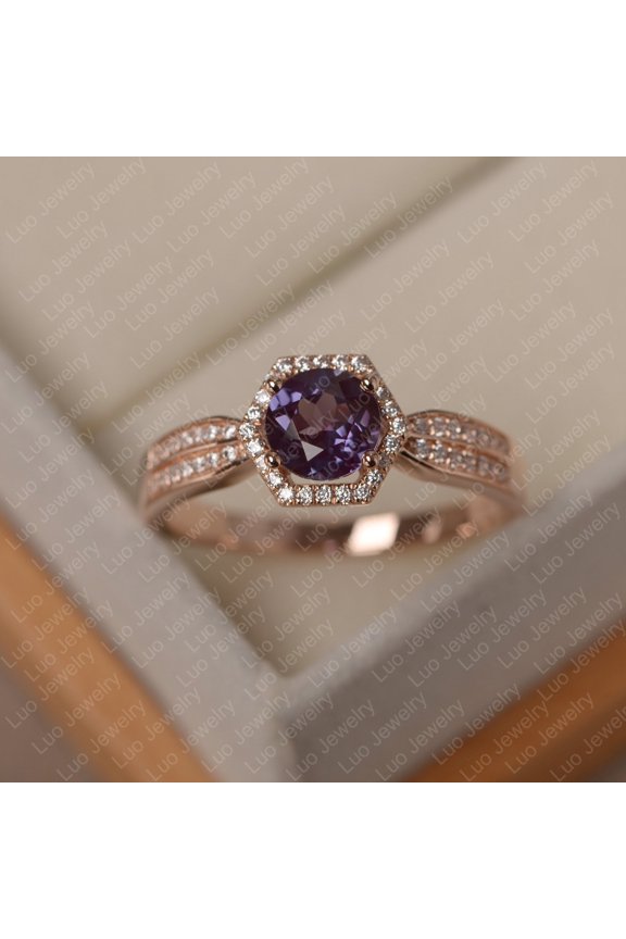 Alexandrite ring, round cut June birthstone, rose gold wedding for women