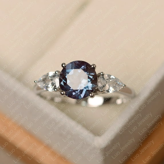 Alexandrite ring, round cut color changling ring, June birthstone, sterling silver engagement ring