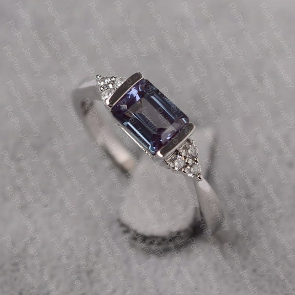 Alexandrite ring sterling silver emerald cut stone promised ring for women
