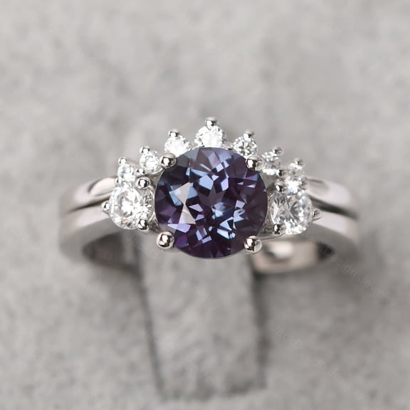 Alexandrite ring sterling silver engagement ring for women round cut June birthstone ring set