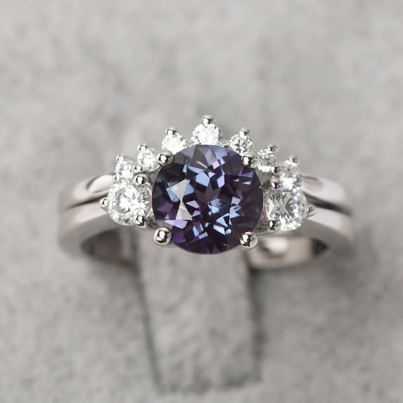 Alexandrite ring sterling silver engagement ring for women round cut June birthstone ring set