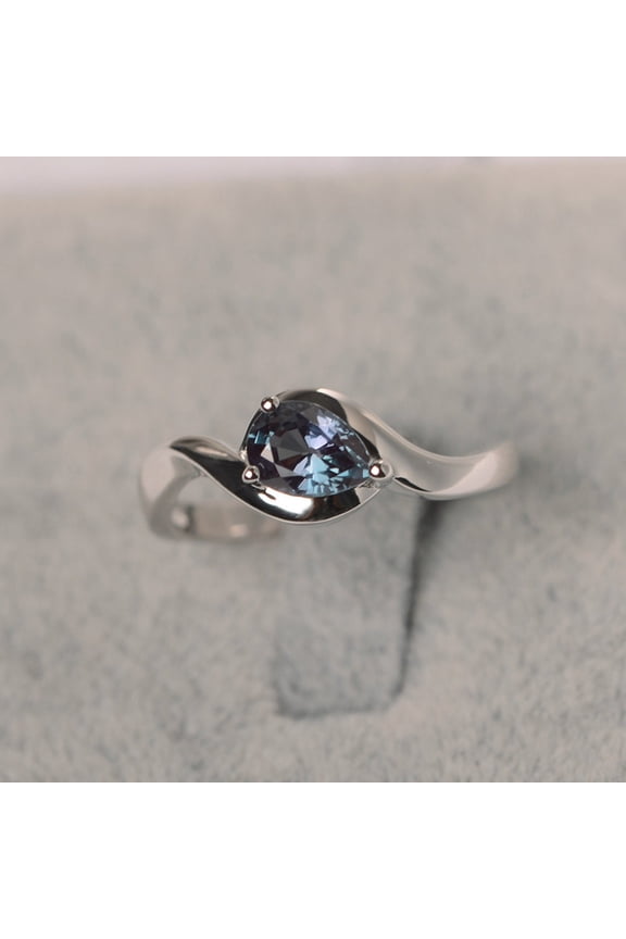 Alexandrite solitaire ring solid sterling silver bypass ring pear shaped color changing June birthstone
