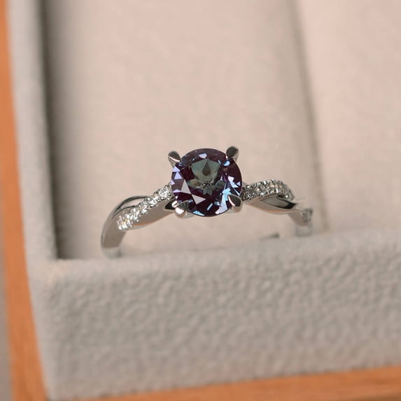 Alexandrite wedding ring, three stone ring, emerald cut gemstone, sterling silver , June birthstone