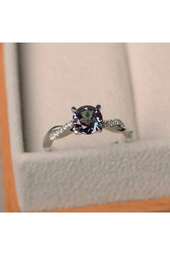 Alexandrite wedding ring, three stone ring, emerald cut gemstone, sterling silver , June birthstone