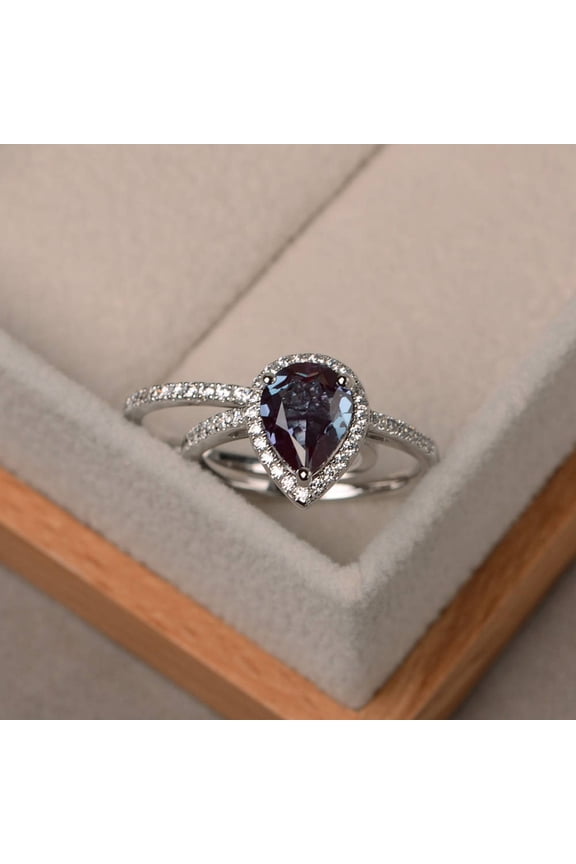 Alexandrite wedding rings set, solid silver, tear drop shpaed, June birthstone, color changing ring