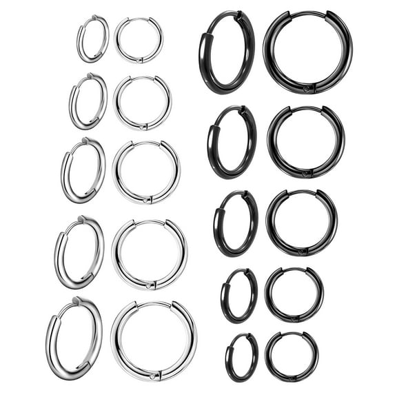 Alexcraft 10 Pairs Small Hoop Earrings for Women Stainless Steel Gold Silver Black Hypoallergenic Hoop Earrings Set for Men Earring Sets for Multiple Piercings 8/10/12/14/16mm