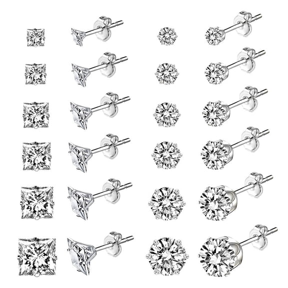 Alexcraft 12 Pairs Stud Earrings, Sterling Silver Plated Round/Square Princess Cut Cubic Zirconia Stud Earrings for Women Men Cartilage