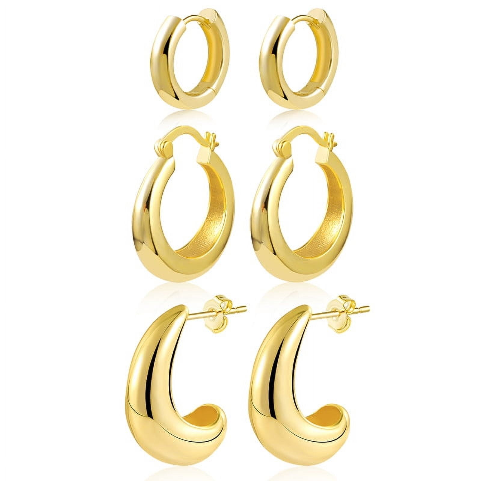 ALEXCRAFT 14K Gold Plated Hoop Earrings for Women, 3 Pairs Lightweight Chunky Hoop Earrings Multipack Hypoallergenic, Thick Open Huggie Hoops Earring Studs Set Jewelry for Gifts
