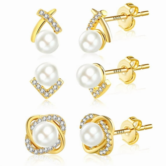 Alexcraft 14K Gold Plated Stud Earrings, Sterling Silver Hypoallergenic Cubic Zirconia Pearl Studs for Women Cartilage Piercing Jewelry Gift