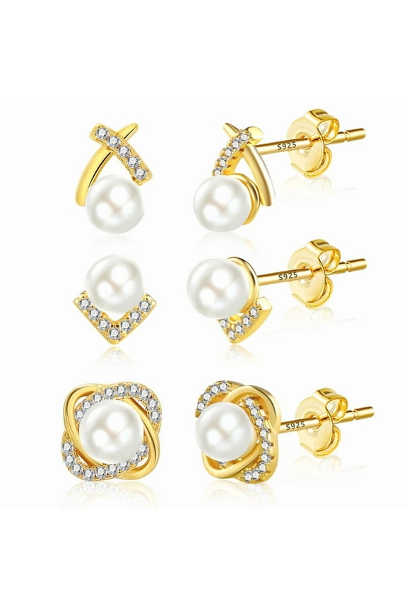 14K Gold Plated Stud Earrings, Sterling Silver Hypoallergenic Cubic Zirconia Pearl Studs for Women Cartilage Piercing Jewelry Gift